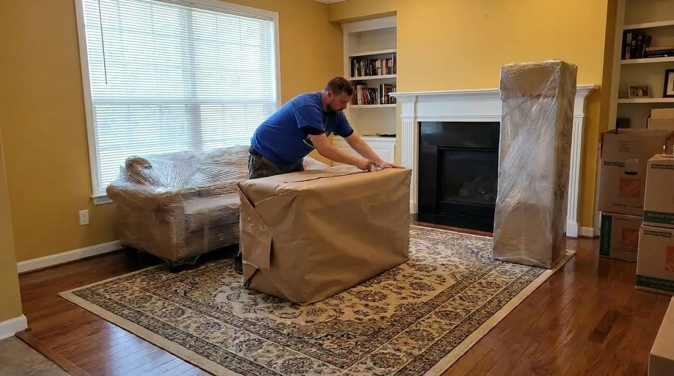 Pack-It Movers crew member carefully wrapping furniture during a Houston residential move