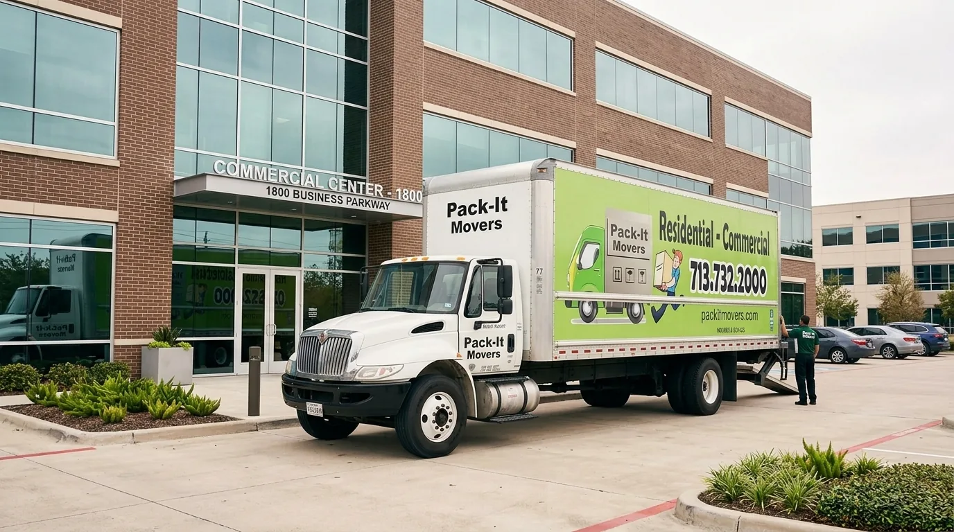 Pack-It Movers branded trucks parked in front of a Houston commercial building